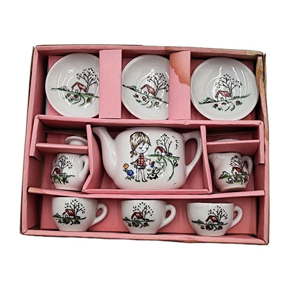 Vintage 1960s Childs‎ Mini China Tea Set Complete Girl w Dog Print Original Box - Picture 2 of 10